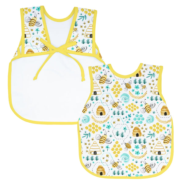 "Busy Bees Bapron for babies, featuring a fun bee design, perfect for mealtime messes and playtime activities."