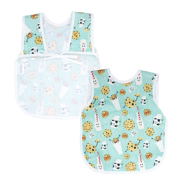 Cookies & Milk Bapron for babies, featuring a fun design and practical coverage for mess-free mealtime.