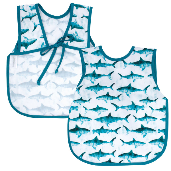 Shark Attack Bapron for babies, featuring a fun shark design, perfect for mealtime messes and playtime adventures.