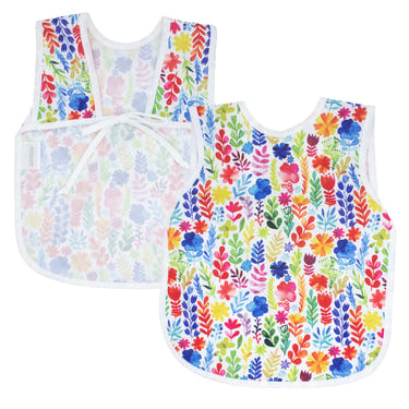 Rainbow watercolor floral bapron for babies, featuring a vibrant and playful design perfect for mealtime.