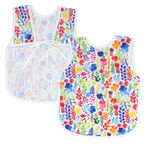 Rainbow watercolor floral bapron for babies, featuring a vibrant and playful design perfect for mealtime.