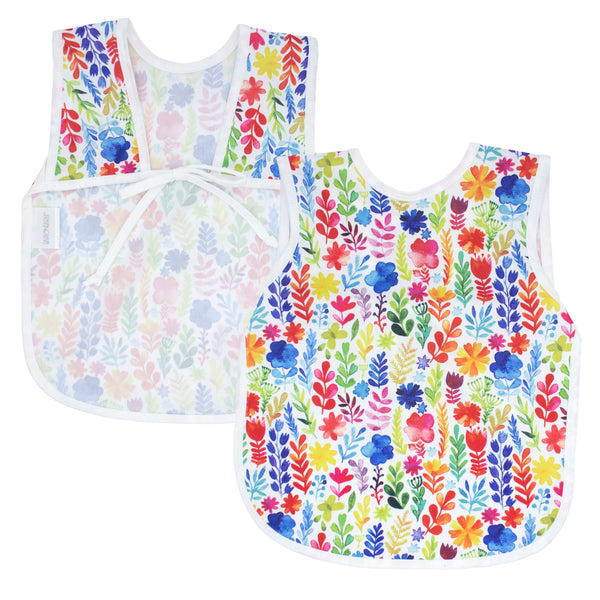 Rainbow watercolor floral bapron for babies, featuring a vibrant and playful design perfect for mealtime.