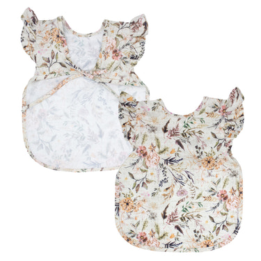 Delilah Floral Flutter Bapron for babies, featuring a vibrant floral design and flutter sleeves, perfect for mealtime.