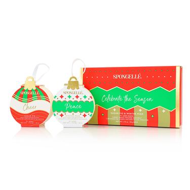 "Celebrate the Season Holiday Ornament Gift Set - Body Wash Infused Buffer for a festive bathing experience."