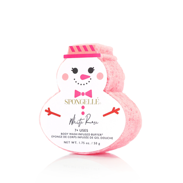 White Rose Holiday Snowman Body Wash Infused Buffer - festive skincare for a gentle, bubbly bath experience.