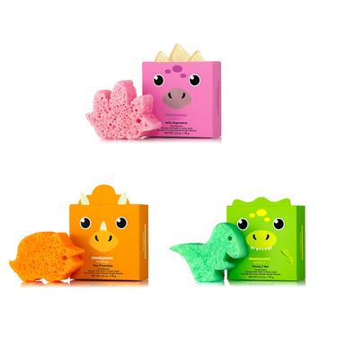 Spongeasaurus Assorted Pack - Fun body wash infused buffers for babies, perfect for gentle cleansing and playtime.