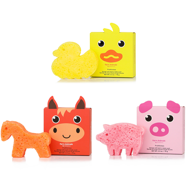 "Farm Animals Assorted Pack - Body Wash Infused Buffers for gentle, fun bath time for babies."