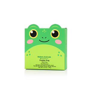 Freddie Frog body wash infused buffer in a playful nature animals design, angle 4 view.