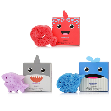 Assorted sea animals body wash infused buffer pack for gentle baby cleansing and fun bath time.