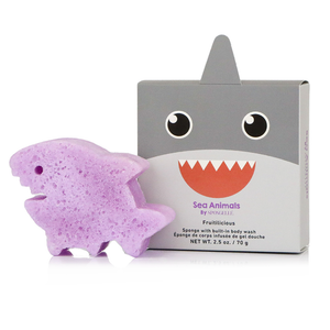 Assorted sea animal body wash infused buffers in vibrant colors, perfect for gentle cleansing and fun bath time.