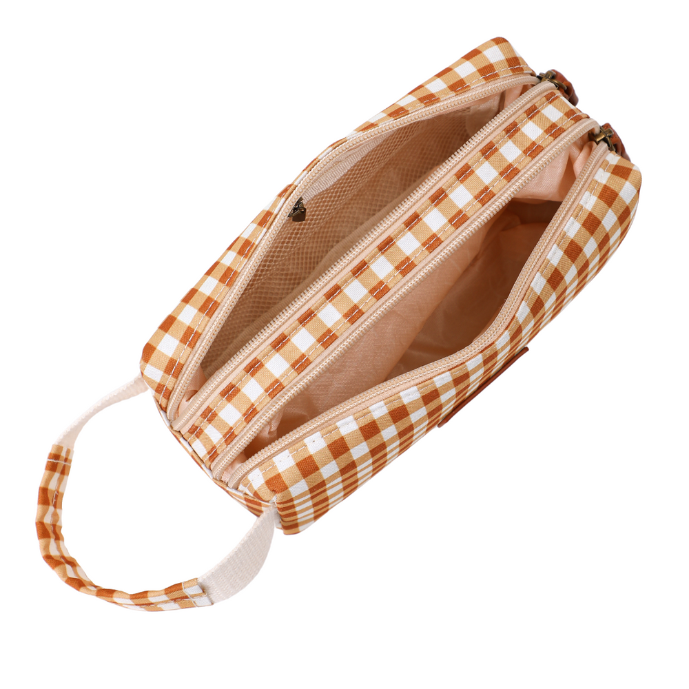 Two Compartment Pencil Case in Sienna Gingham pattern, perfect for organizing school supplies.