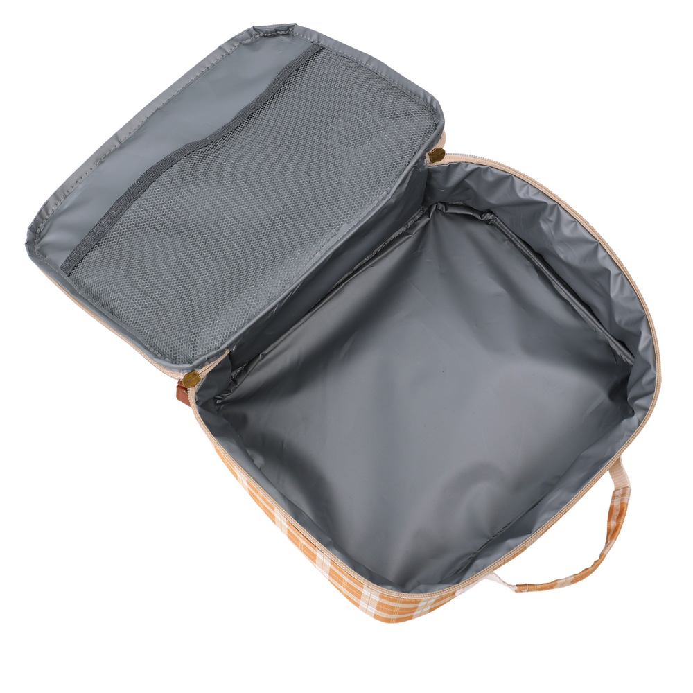 Insulated lunch bag in buckwheat plaid design, perfect for keeping baby food fresh and stylish on the go.