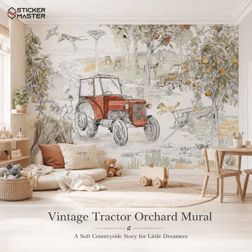 Vintage Tractor Orchard Mural | Nursery Wallpaper