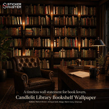 Candlelit Library Bookshelf Wallpaper Mural by Sticker Master