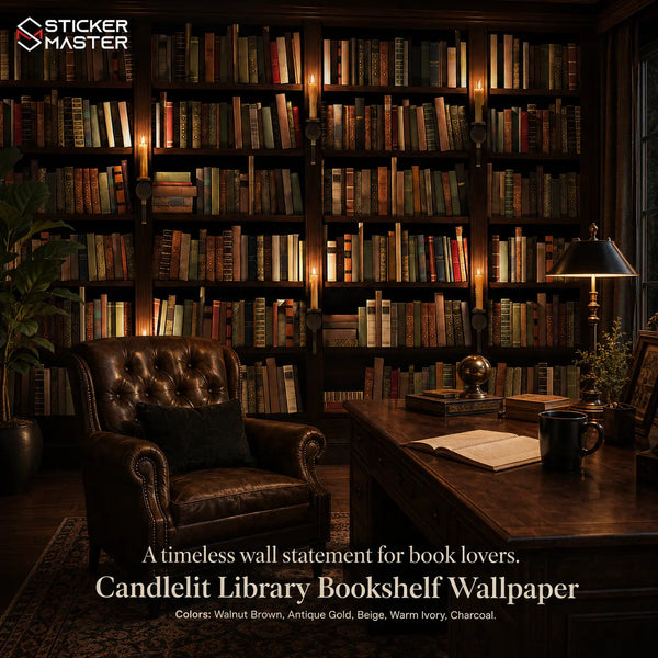Candlelit Library Bookshelf Wallpaper Mural by Sticker Master