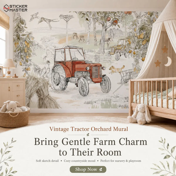 Vintage Tractor Orchard Mural | Nursery Wallpaper