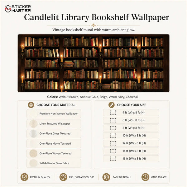 Candlelit Library Bookshelf Wallpaper Mural by Sticker Master