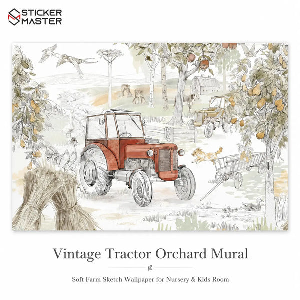 Vintage Tractor Orchard Mural | Nursery Wallpaper