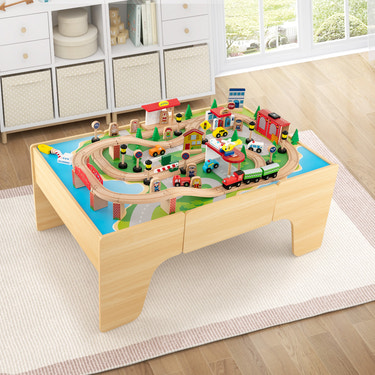 84-Piece Wooden Train Set with Reversible and Detachable Tabletop for Kids