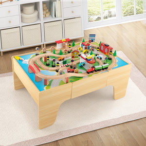 84-Piece Wooden Train Set with Reversible and Detachable Tabletop for Kids