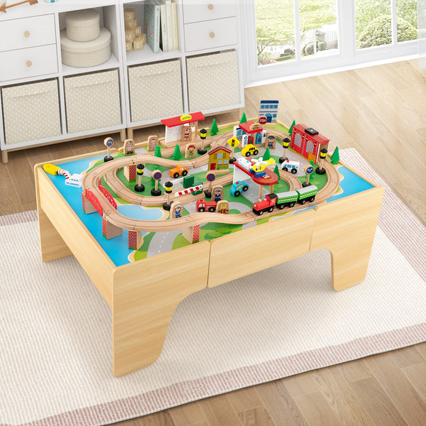 84-Piece Wooden Train Set with Reversible and Detachable Tabletop for Kids