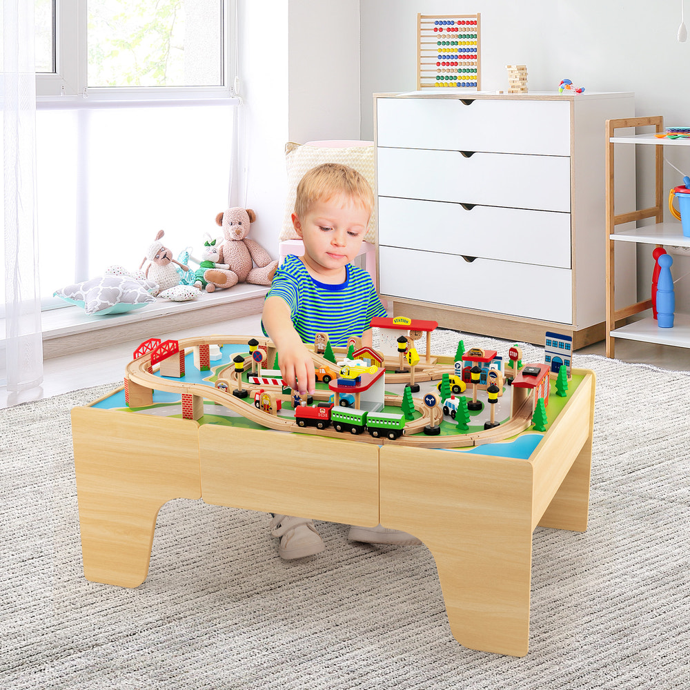 84-Piece Wooden Train Set with Reversible and Detachable Tabletop for Kids