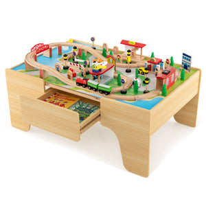 84-Piece Wooden Train Set with Reversible and Detachable Tabletop for Kids