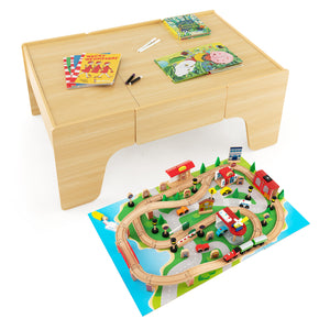 84-Piece Wooden Train Set with Reversible and Detachable Tabletop for Kids