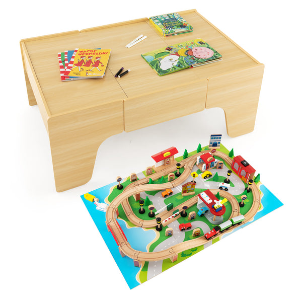 84-Piece Wooden Train Set with Reversible and Detachable Tabletop for Kids