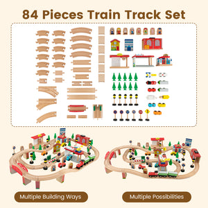 84-Piece Wooden Train Set with Reversible and Detachable Tabletop for Kids
