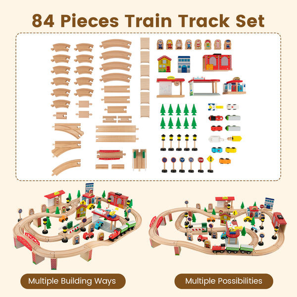 84-Piece Wooden Train Set with Reversible and Detachable Tabletop for Kids