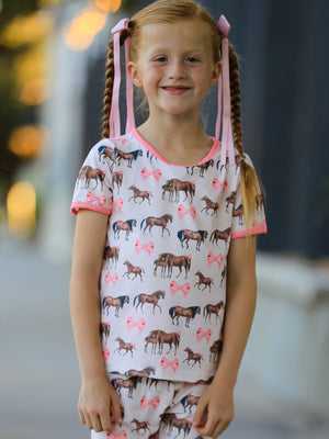 Girls Western Horse Bow Pajamas Set Print