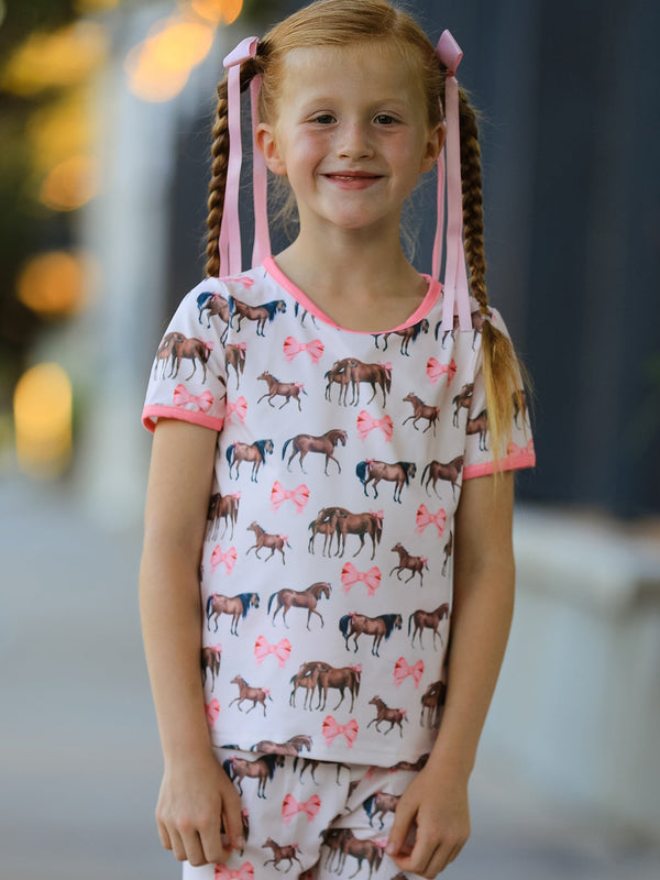 Girls Western Horse Bow Pajamas Set Print