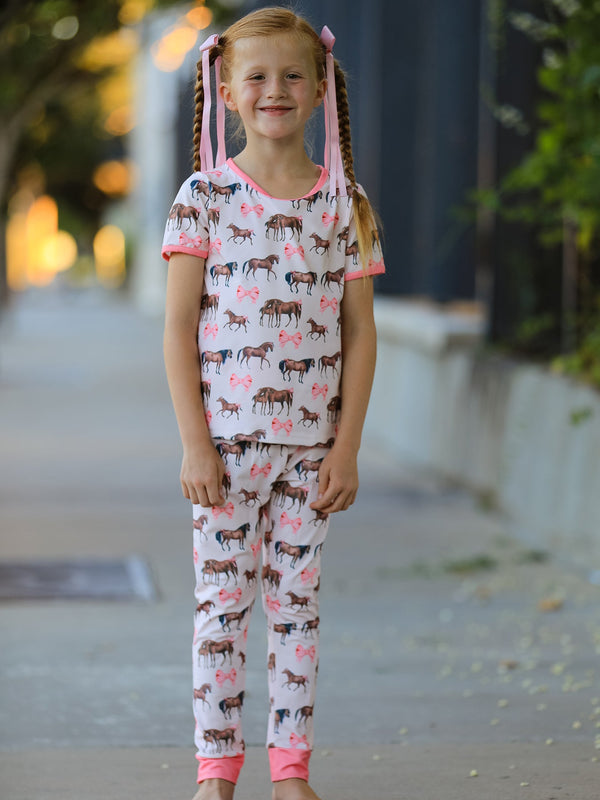 Girls Western Horse Bow Pajamas Set Print