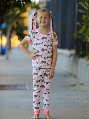 Girls Western Horse Bow Pajamas Set Print