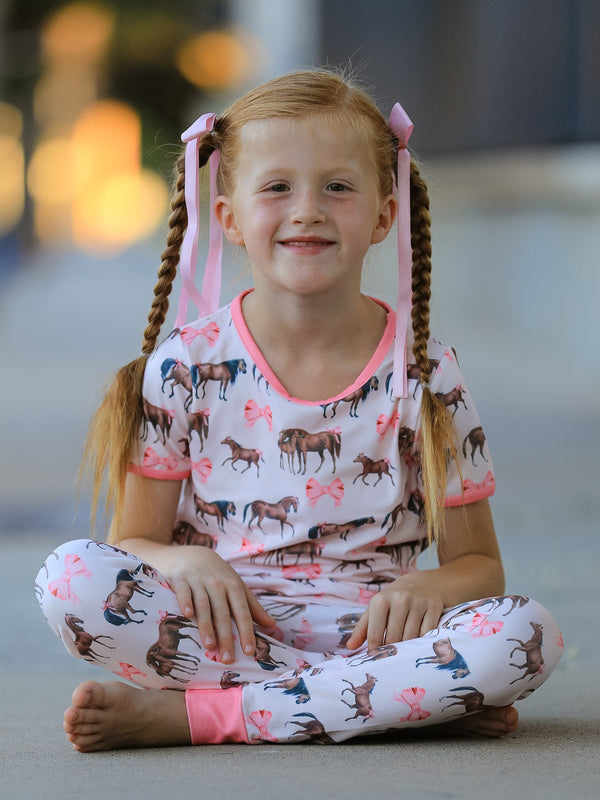Girls Western Horse Bow Pajamas Set Print