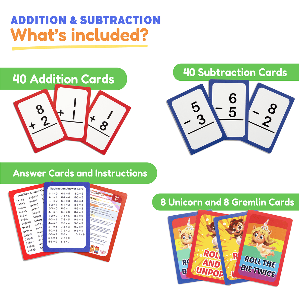 Pre-K & Kindergarten Addition & Subtraction Card Pack for STEM learning and fun educational play.