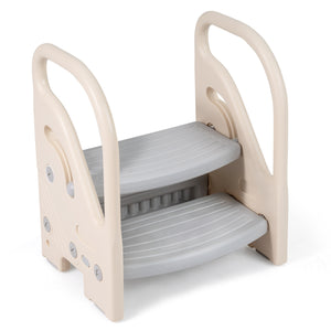 Adjustable 2-Step Kids Helper Stool with Safety Handles and Non-slip Pads for Bedroom-Gray