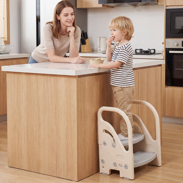 Adjustable 2-Step Kids Helper Stool with Safety Handles and Non-slip Pads for Bedroom-Gray