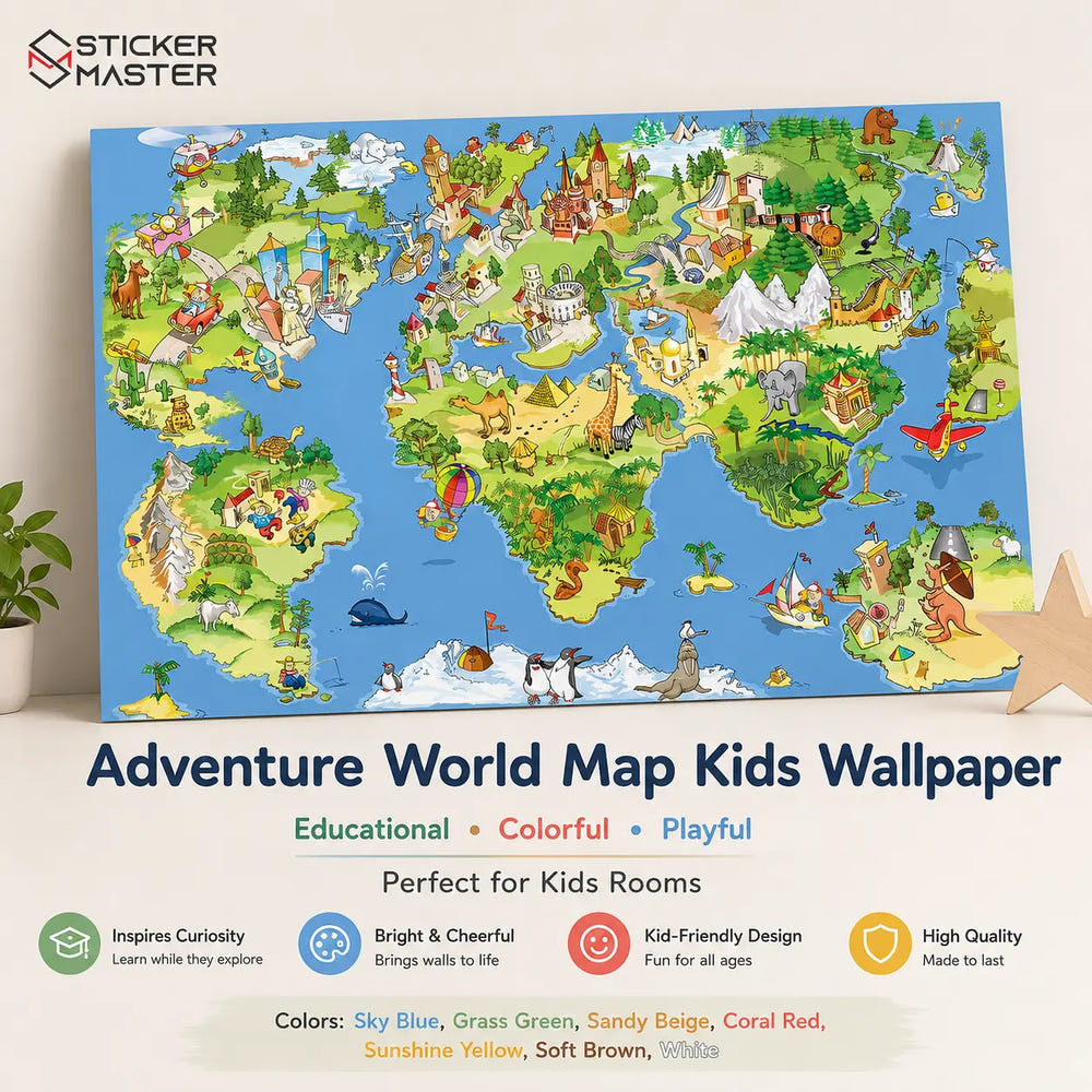 Adventure World Map Kids Wallpaper Mural for Playroom & Bedroom by Sticker Master