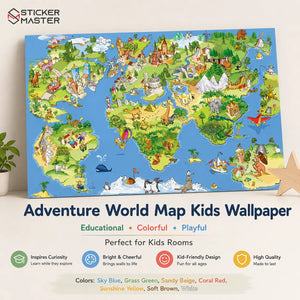 Adventure World Map Kids Wallpaper Mural for Playroom & Bedroom