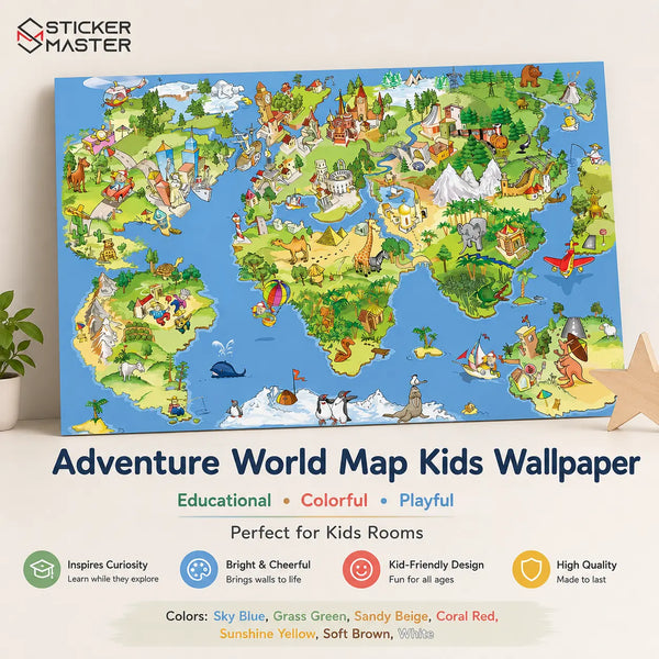 Adventure World Map Kids Wallpaper Mural for Playroom & Bedroom