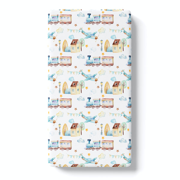 Fitted Crib Sheet - Airplane & Train