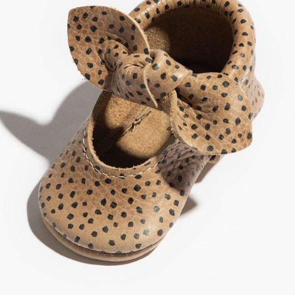 Newborn Almond Speckles Knotted Bow Baby Shoe - Angle 2 view showcasing adorable design and soft materials.