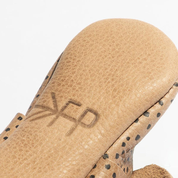Newborn Almond Speckles Knotted Bow Baby Shoe - Angle 3 view showcasing adorable design and soft materials.