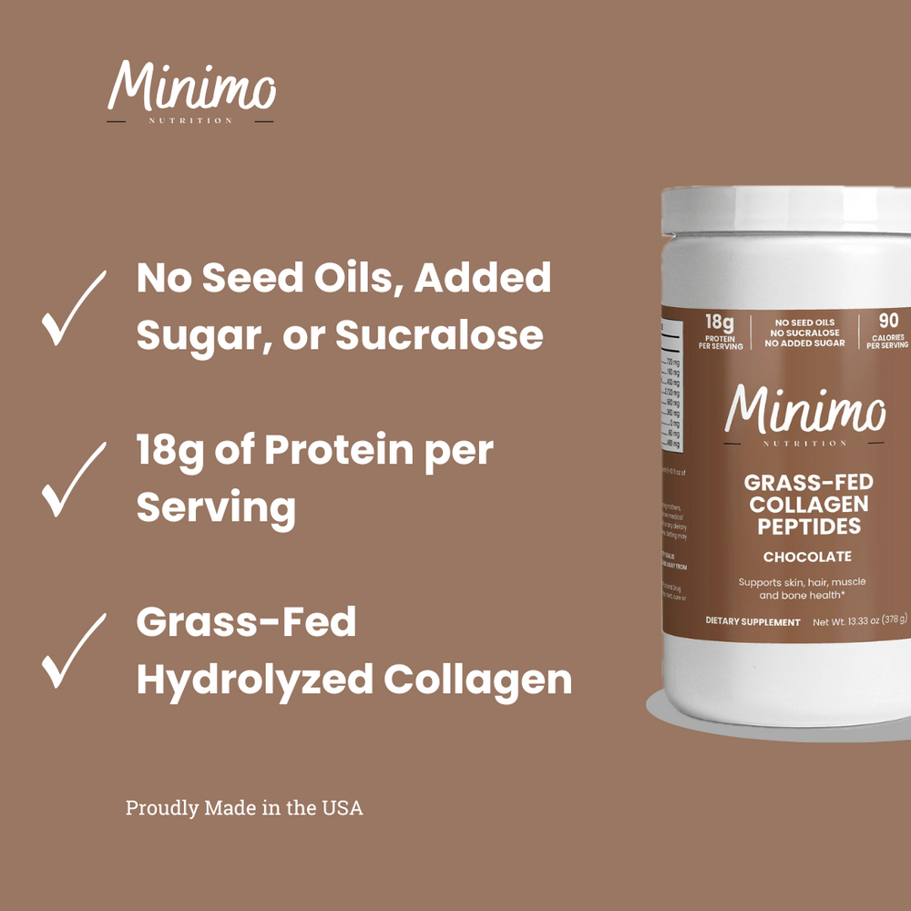 Grass-fed collagen peptides powder in chocolate flavor, 13.3 oz, perfect for protein blends and healthy nutrition.