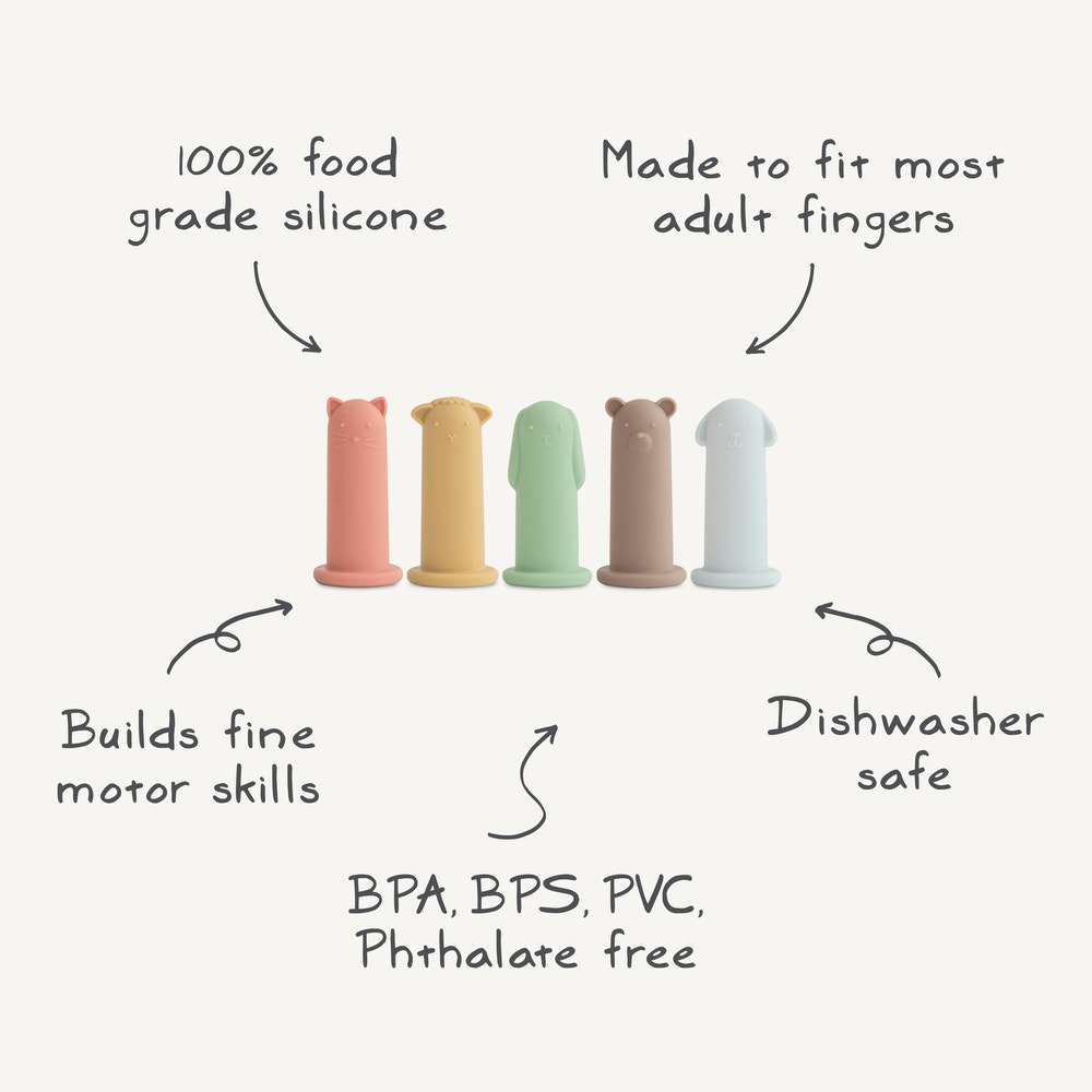 Colorful silicone animal finger puppets for imaginative play and storytelling fun for babies and toddlers.