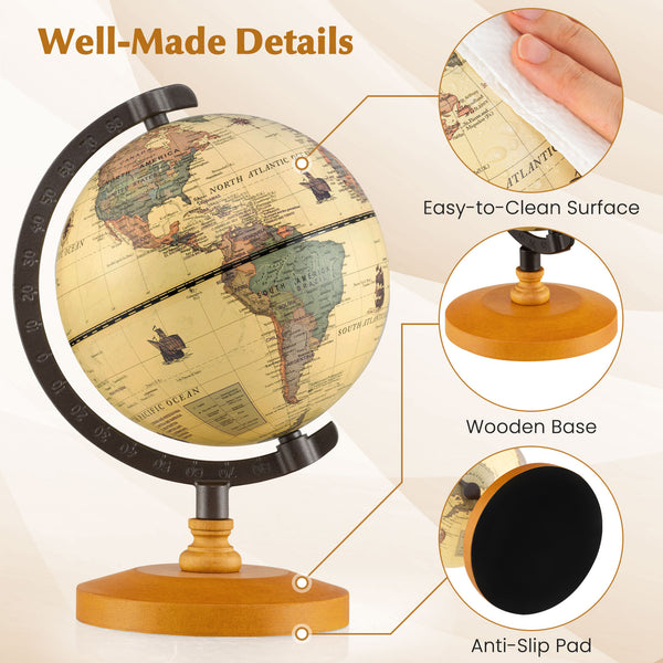 Antique Globe Dia 5.5 Inch Mini Rotating World Globe with Wooden Base for Kids