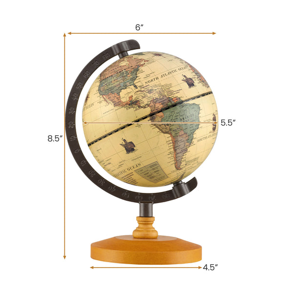 Antique Globe Dia 5.5 Inch Mini Rotating World Globe with Wooden Base for Kids
