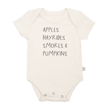 Short sleeve graphic bodysuit featuring apples, hayrides, and s'mores design for babies.
